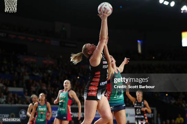Caitlin Thwaites of the Magpies competes for the ball during the round eight Super Netball match between Magpies and the Vixens at Margaret Court...