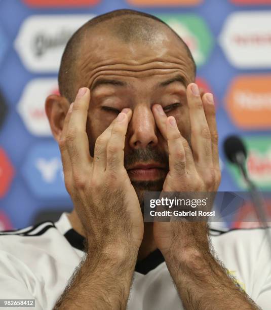 Javier Mascherano of Argentina gestures during a press conference at Stadium of Syroyezhkin sports school on June 24, 2018 in Bronnitsy, Russia.