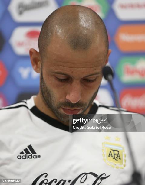 Javier Mascherano of Argentina gestures during a press conference at Stadium of Syroyezhkin sports school on June 24, 2018 in Bronnitsy, Russia.