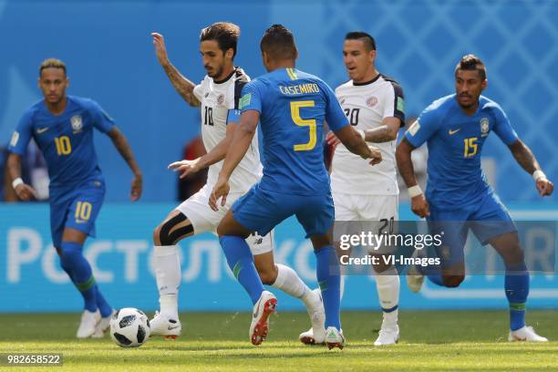 Neymar of Brazil, Bryan Ruiz of Costa Rica, Casemiro of Brazil, David Guzman of Costa Rica, Paulinho of Brazil during the 2018 FIFA World Cup Russia...