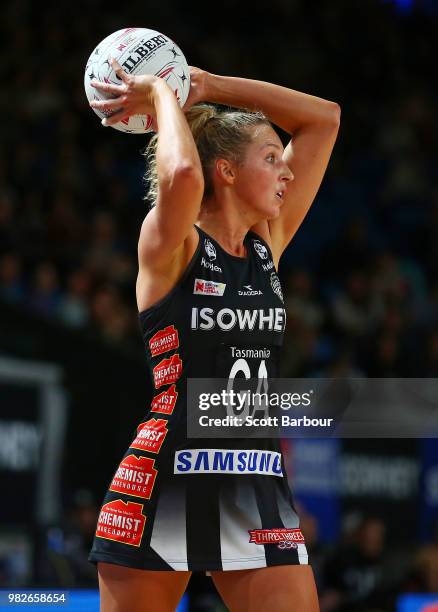 Erin Bell of the Magpies controls the ball during the round eight Super Netball match between Magpies and the Vixens at Margaret Court Arena on June...