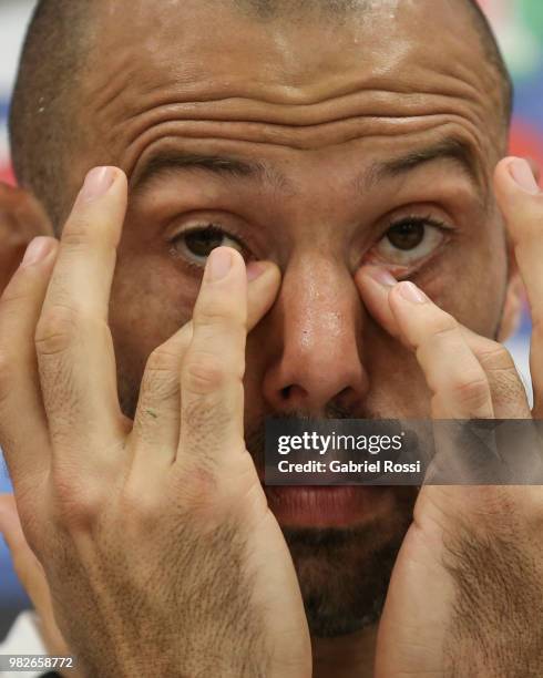 Javier Mascherano of Argentina gestures during a press conference at Stadium of Syroyezhkin sports school on June 24, 2018 in Bronnitsy, Russia.