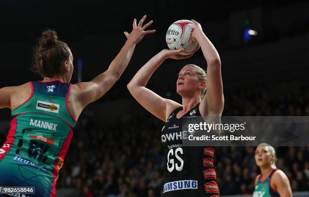 Caitlin Thwaites of the Magpies controls the ball during the round eight Super Netball match between Magpies and the Vixens at Margaret Court Arena...