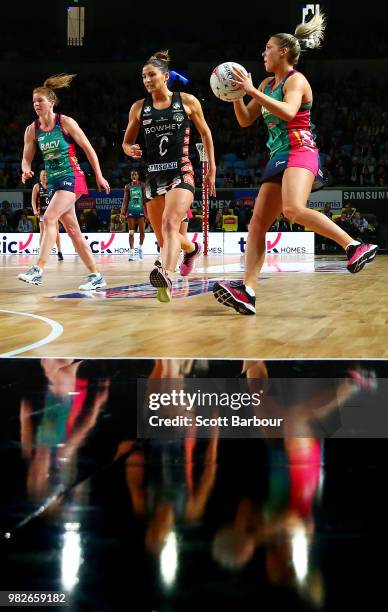 Kate Moloney of the Vixens controls the ball during the round eight Super Netball match between Magpies and the Vixens at Margaret Court Arena on...