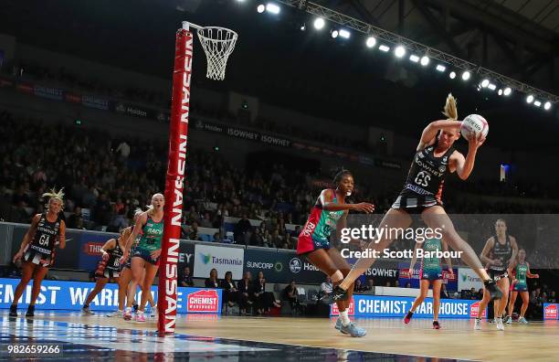 Caitlin Thwaites of the Magpies controls the ball during the round eight Super Netball match between Magpies and the Vixens at Margaret Court Arena...