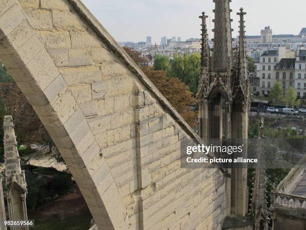 Flying buttress on the Notre-Dame Cathedral is visibly damaged, in Paris, France, 27 September 2017. The air pollution is causing damage to the...