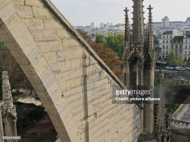 Flying buttress on the Notre-Dame Cathedral is visibly damaged, in Paris, France, 27 September 2017. The air pollution is causing damage to the...