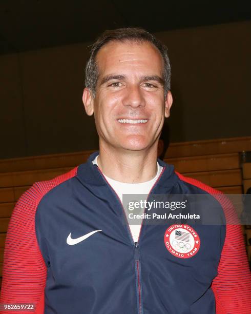 Los Angeles Mayor Eric Garcetti attends the 4th Annual Angel City Sports Celebrity Wheelchair Basketball Game at John Wooden Center on June 23, 2018...