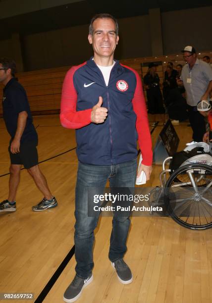 Los Angeles Mayor Eric Garcetti attends the 4th Annual Angel City Sports Celebrity Wheelchair Basketball Game at John Wooden Center on June 23, 2018...