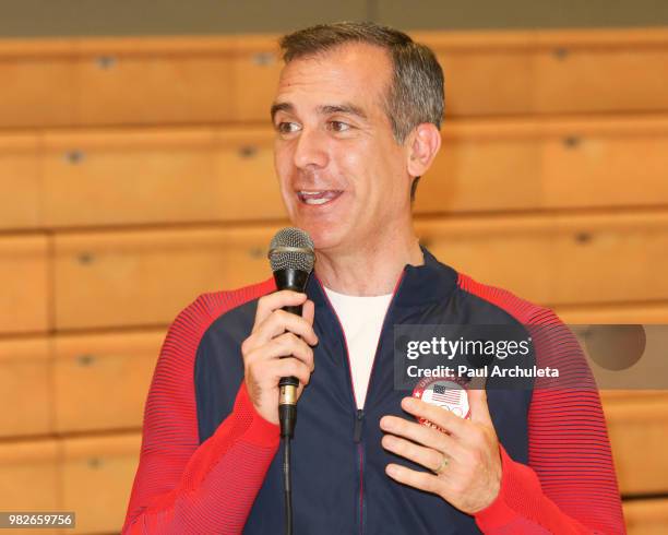 Los Angeles Mayor Eric Garcetti attends the 4th Annual Angel City Sports Celebrity Wheelchair Basketball Game at John Wooden Center on June 23, 2018...