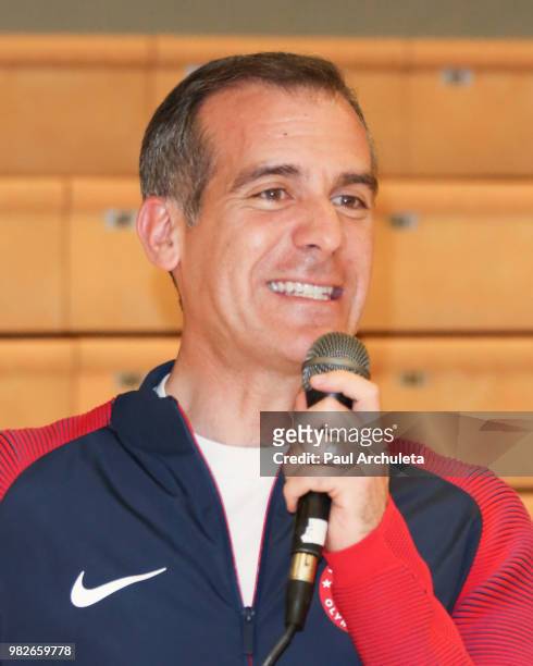 Los Angeles Mayor Eric Garcetti attends the 4th Annual Angel City Sports Celebrity Wheelchair Basketball Game at John Wooden Center on June 23, 2018...