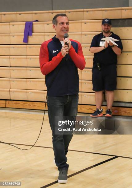 Los Angeles Mayor Eric Garcetti attends the 4th Annual Angel City Sports Celebrity Wheelchair Basketball Game at John Wooden Center on June 23, 2018...