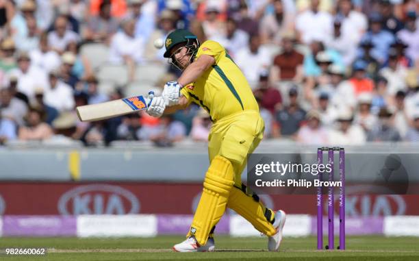 Aaron Finch of Australia hits a six during the fifth Royal London One-Day International match between England and Australia at Emirates Old Trafford...