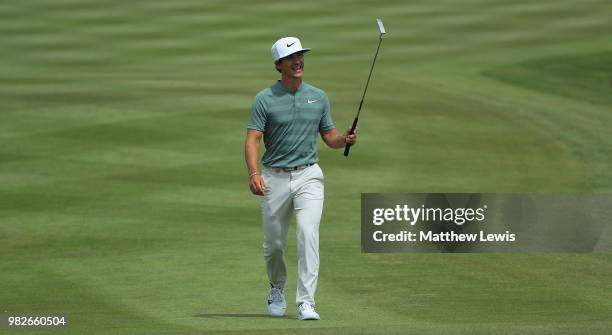 Thorbjorn Olesen of Denmark walks down the 18th fairway during day four of the BMW International Open at Golf Club Gut Larchenhof on June 24, 2018 in...