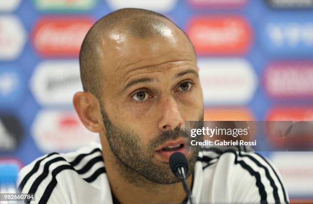 Javier Mascherano of Argentina speaks during a press conference at Stadium of Syroyezhkin sports school on June 24, 2018 in Bronnitsy, Russia.