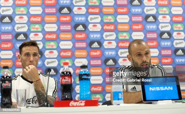Javier Mascherano of Argentina speaks during a press conference at Stadium of Syroyezhkin sports school on June 24, 2018 in Bronnitsy, Russia.