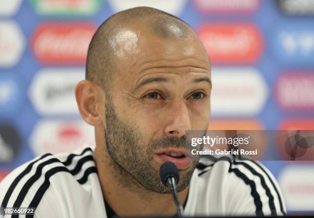 Javier Mascherano of Argentina speaks during a press conference at Stadium of Syroyezhkin sports school on June 24, 2018 in Bronnitsy, Russia.