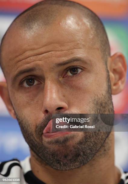 Javier Mascherano of Argentina gestures during a press conference at Stadium of Syroyezhkin sports school on June 24, 2018 in Bronnitsy, Russia.