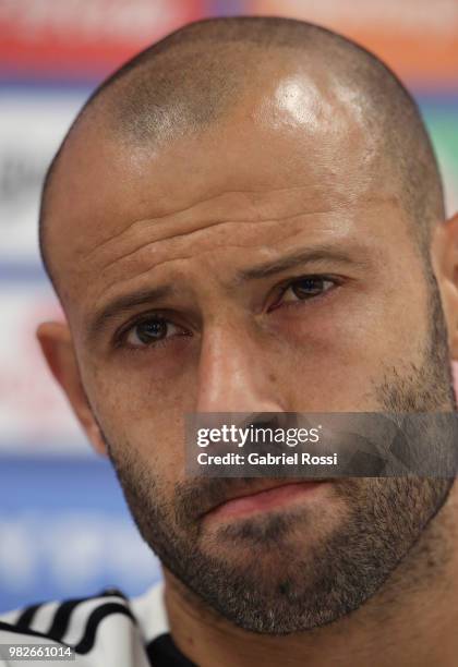 Javier Mascherano of Argentina gestures during a press conference at Stadium of Syroyezhkin sports school on June 24, 2018 in Bronnitsy, Russia.