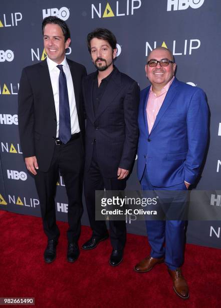 Director of CSR Axel Caballero, Executive director Benjamin Lopez and actor Diego Luna attend NALIP 2018 Latino Media Awards at The Ray Dolby...