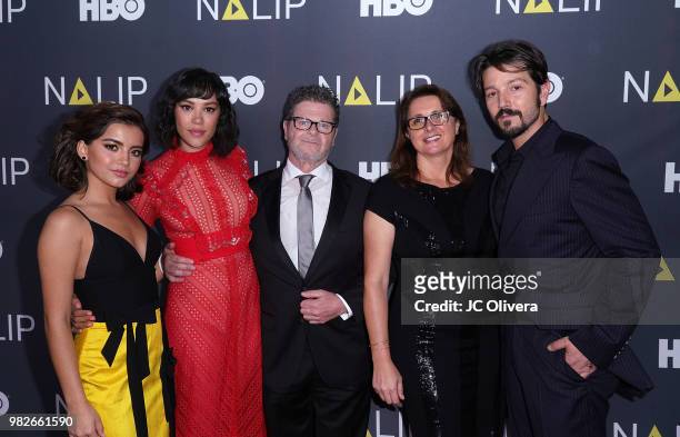 Actors Isabela Moner, Mishel Prada, film composer Gustavo Santaolalla, executive producer Victoria Alonso and actor Diego Luna attend NALIP 2018...