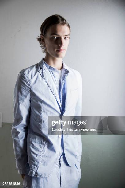 Model poses backstage prior the Officine Generale Menswear Spring Summer 2019 show as part of Paris Fashion Week on June 24, 2018 in Paris, France.