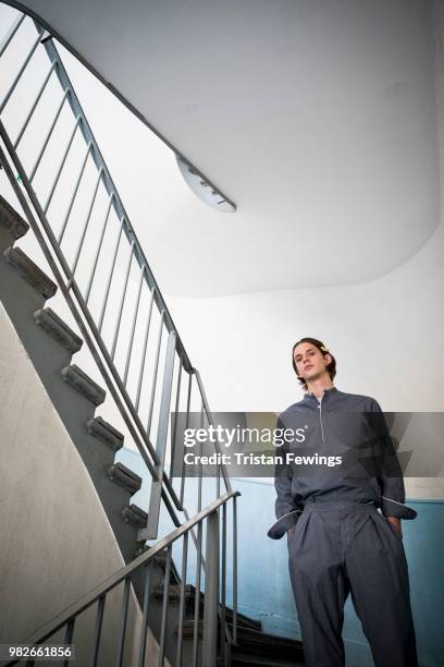 Model poses backstage prior the Officine Generale Menswear Spring Summer 2019 show as part of Paris Fashion Week on June 24, 2018 in Paris, France.