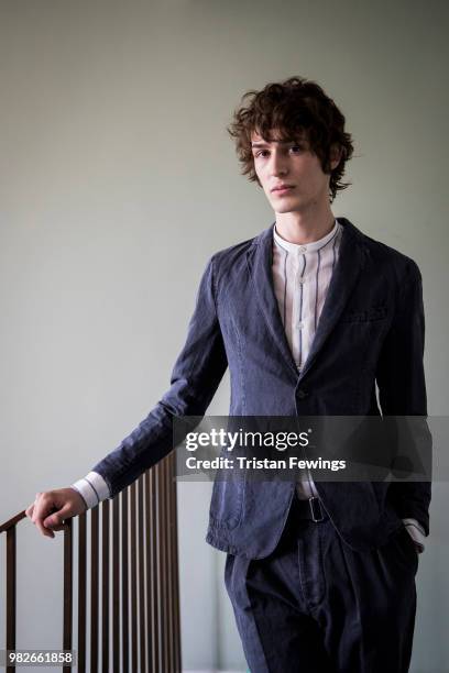 Model poses backstage prior the Officine Generale Menswear Spring Summer 2019 show as part of Paris Fashion Week on June 24, 2018 in Paris, France.