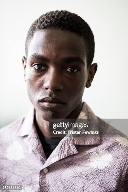 Model poses backstage prior the Officine Generale Menswear Spring Summer 2019 show as part of Paris Fashion Week on June 24, 2018 in Paris, France.