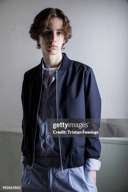 Model poses backstage prior the Officine Generale Menswear Spring Summer 2019 show as part of Paris Fashion Week on June 24, 2018 in Paris, France.