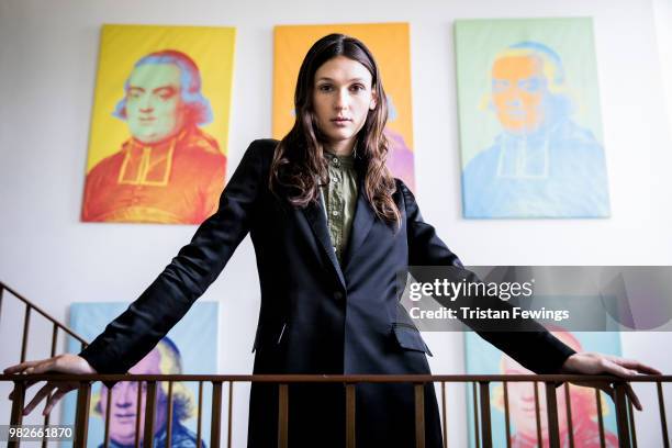 Model poses backstage prior the Officine Generale Menswear Spring Summer 2019 show as part of Paris Fashion Week on June 24, 2018 in Paris, France.