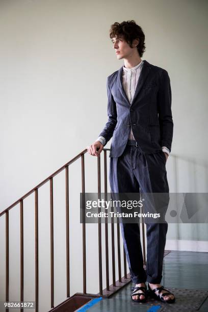 Model poses backstage prior the Officine Generale Menswear Spring Summer 2019 show as part of Paris Fashion Week on June 24, 2018 in Paris, France.
