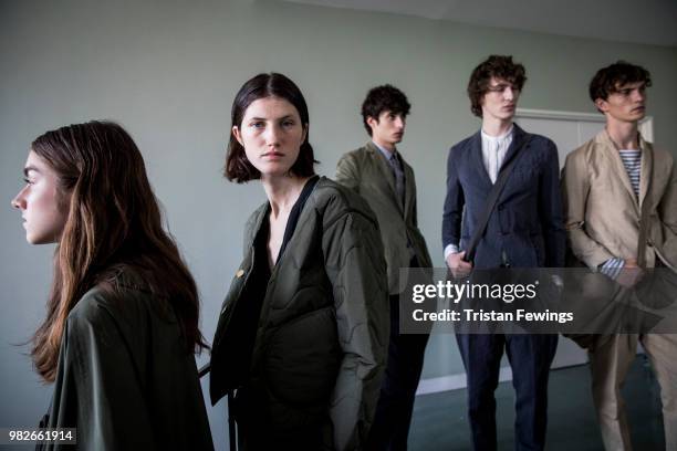Models pose backstage prior the Officine Generale Menswear Spring Summer 2019 show as part of Paris Fashion Week on June 24, 2018 in Paris, France.