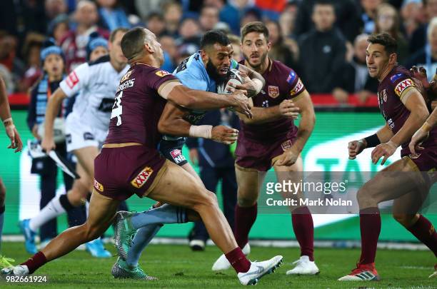 Josh Addo-Carr of the Blues heads to the try line to score during game two of the State of Origin series between the New South Wales Blues and the...