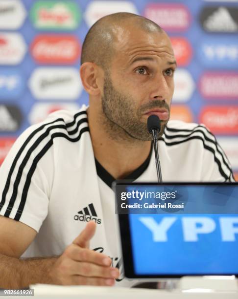 Javier Mascherano of Argentina speaks during a press conference at Stadium of Syroyezhkin sports school on June 24, 2018 in Bronnitsy, Russia.