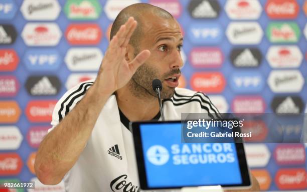 Javier Mascherano of Argentina speaks during a press conference at Stadium of Syroyezhkin sports school on June 24, 2018 in Bronnitsy, Russia.