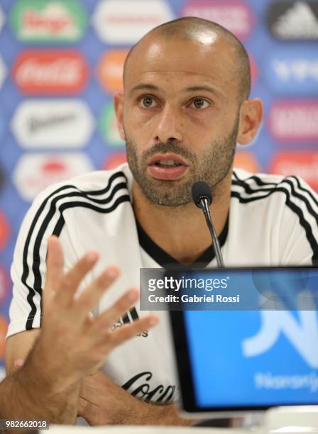 Javier Mascherano of Argentina speaks during a press conference at Stadium of Syroyezhkin sports school on June 24, 2018 in Bronnitsy, Russia.