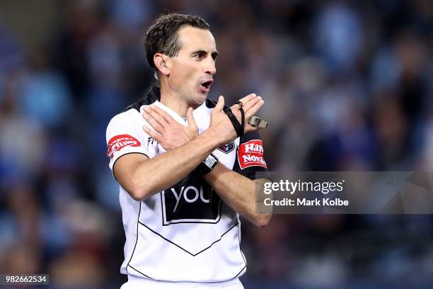 Referee Gerard Sutton signals no try during game two of the State of Origin series between the New South Wales Blues and the Queensland Maroons at...