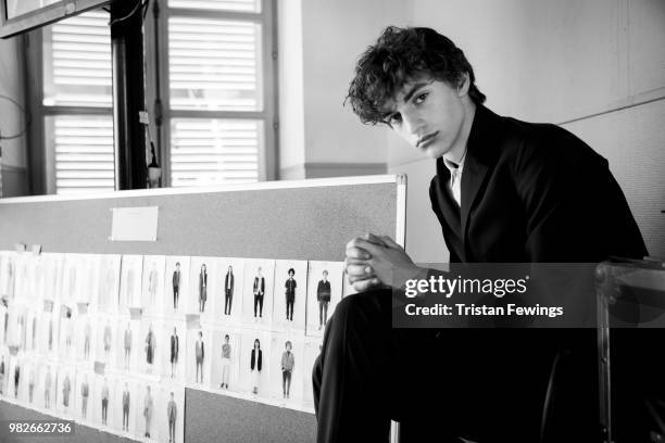 Model poses backstage prior the Officine Generale Menswear Spring Summer 2019 show as part of Paris Fashion Week on June 24, 2018 in Paris, France.