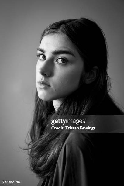 Model poses backstage prior the Officine Generale Menswear Spring Summer 2019 show as part of Paris Fashion Week on June 24, 2018 in Paris, France.