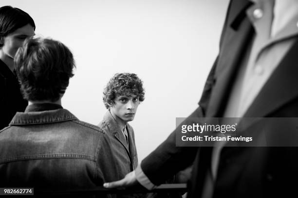 Models pose backstage prior the Officine Generale Menswear Spring Summer 2019 show as part of Paris Fashion Week on June 24, 2018 in Paris, France.