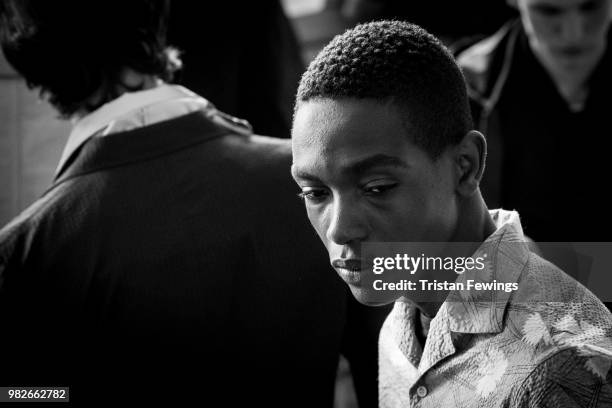 Models pose backstage prior the Officine Generale Menswear Spring Summer 2019 show as part of Paris Fashion Week on June 24, 2018 in Paris, France.