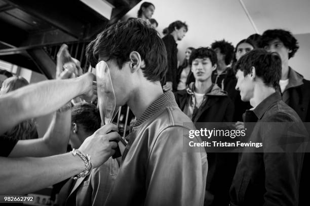 Models pose backstage prior the Officine Generale Menswear Spring Summer 2019 show as part of Paris Fashion Week on June 24, 2018 in Paris, France.