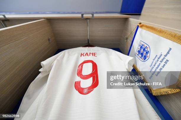 Harry Kane's shirt hangs in the England dressing room prior to the 2018 FIFA World Cup Russia group G match between England and Panama at Nizhny...