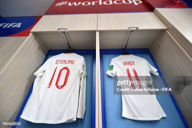 Raheem Sterling and Jamie Vardy's shirts hang in the England dressing room prior to the 2018 FIFA World Cup Russia group G match between England and...