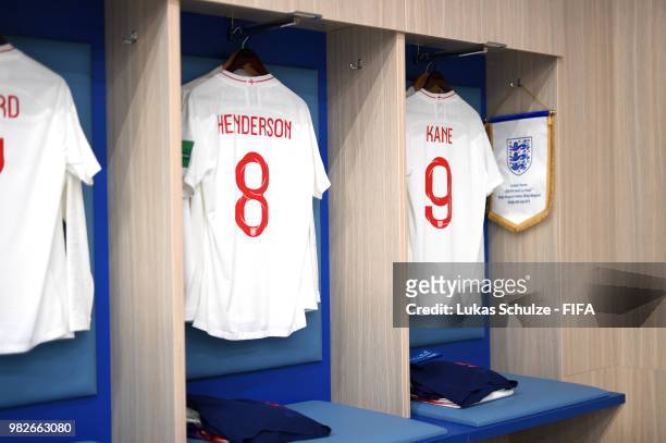 Jordan Henderson and Harry Kane's shirts hang in the England dressing room prior to the 2018 FIFA World Cup Russia group G match between England and...