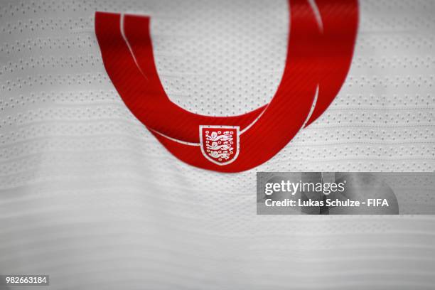 Detailed view of the England badge on the number on a shirt is seen inside the England dressing room prior to the 2018 FIFA World Cup Russia group G...