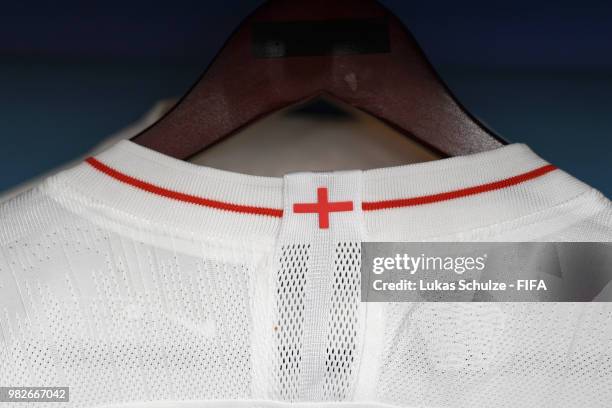 Detailed view of the England flag is seen on the collar of an England shirt inside the England dressing room prior to the 2018 FIFA World Cup Russia...