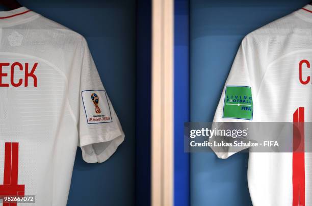 Detailed view of the FIFA and Living Football badges on the shirts is seen inside the England dressing room prior to the 2018 FIFA World Cup Russia...