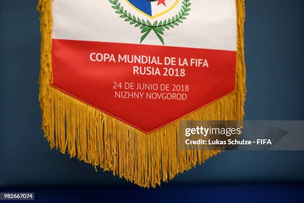 Panama's pennant hangs inside the dressing room prior to the 2018 FIFA World Cup Russia group G match between England and Panama at Nizhny Novgorod...